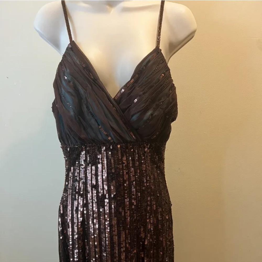Sean Collection Ruffle Trim Beaded Sequin Prom Dress Gown Brown Size L D-51